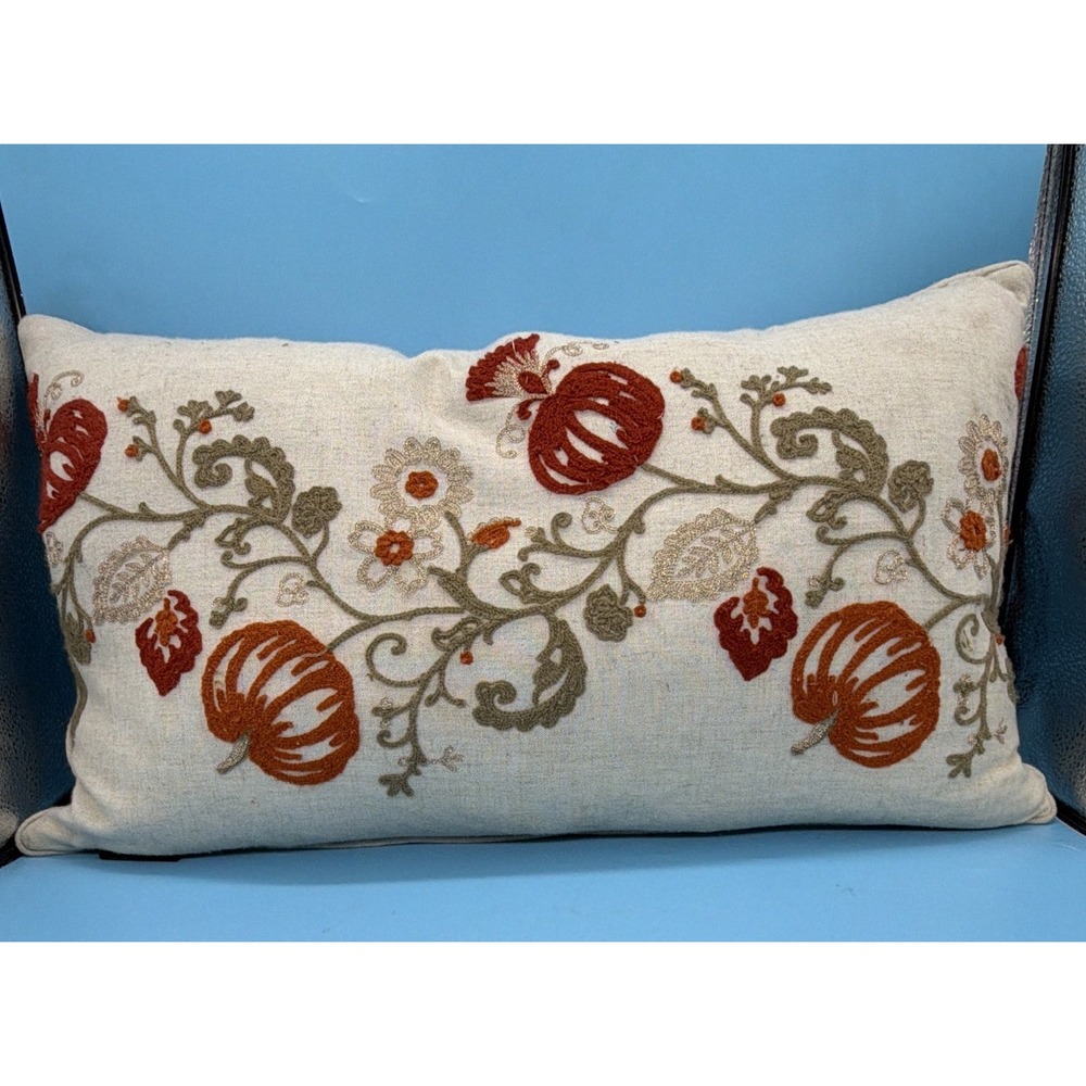 Envogue Harvest Pumpkin Embroidered Lumbar Pillow Cover Fall Vine Floral Decor